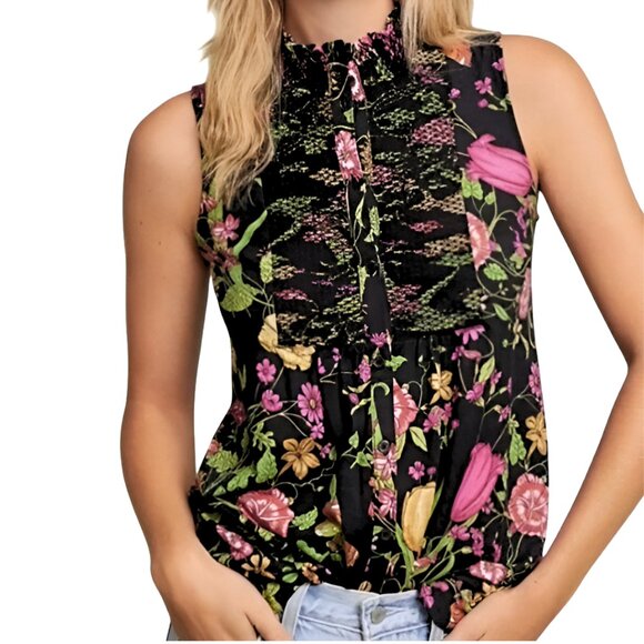 Anthropologie Tops - Anthropologie Christine Ruffled Smocked Floral Top Black Size Small